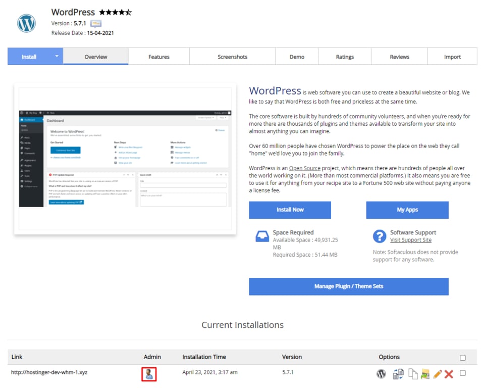Die softaculous-WordPress-Seite im cPanel - Hervorhebung des WP-Admin-Symbols am unteren Rand