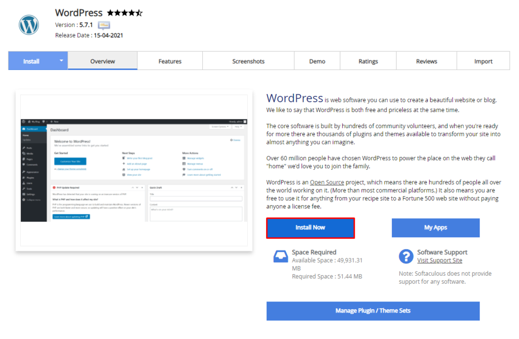 Die Schaltfl&auml;che Install Now im WordPress-Abschnitt im cPanel