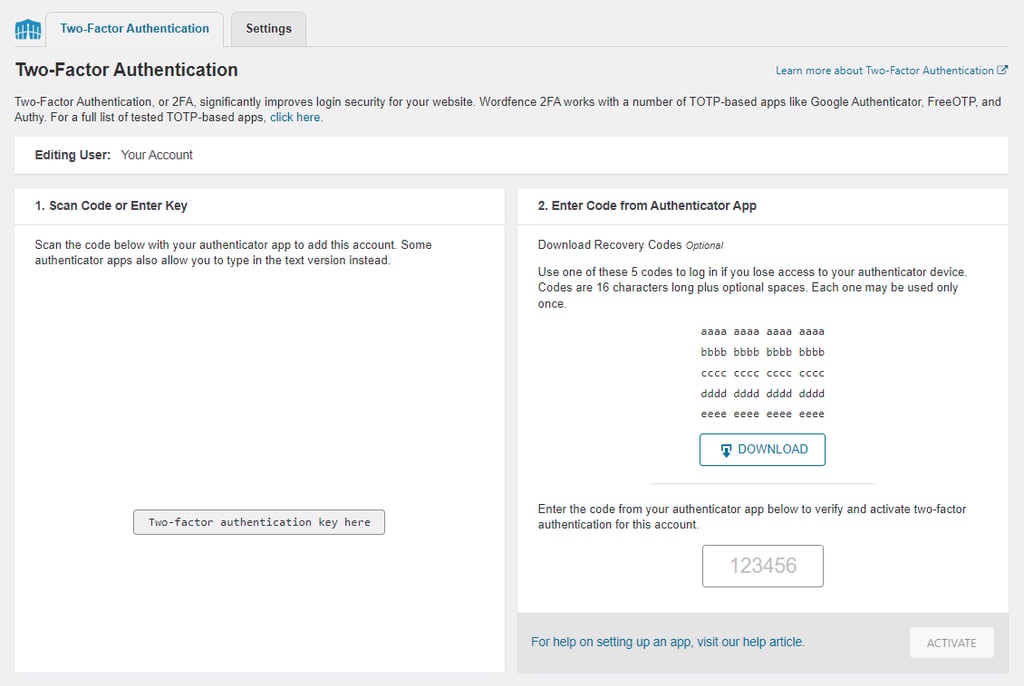 Screenshot des WordPress-Bildschirms f&uuml;r die Zwei-Faktor-Authentifizierung