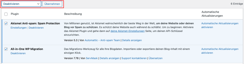 WordPress-Plugins durch Mehrfachaktion deaktivieren