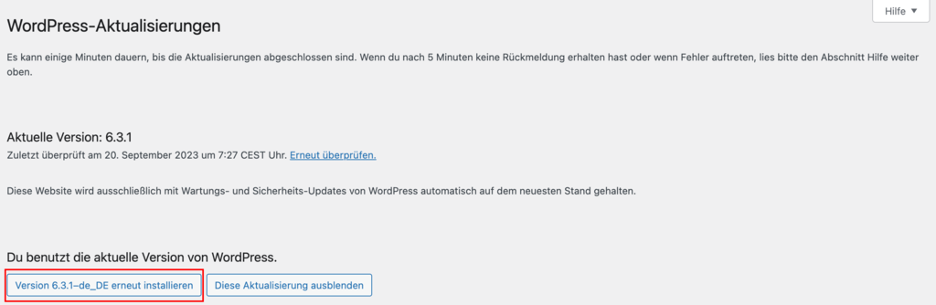 WordPress &uuml;ber das Admin-Dashboard neu installieren 