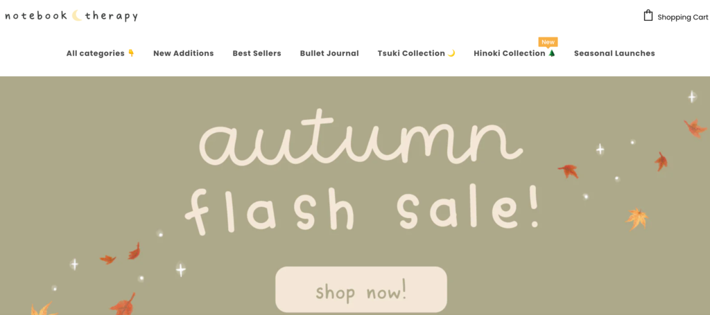 Homepage von Notebook therapy, einem Dropshipping-Shop, der schöne Schreibwaren verkauft