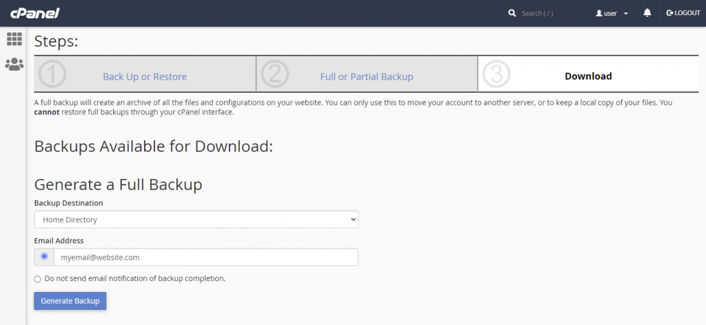 Die Seite Generate a Full Backup im cPanel Backup-Wizard