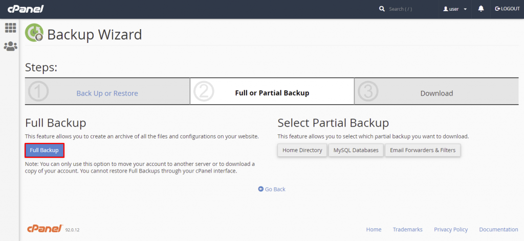 Die Position der Schaltfl&auml;che Full Backup im cPanel Backup-Assistenten.