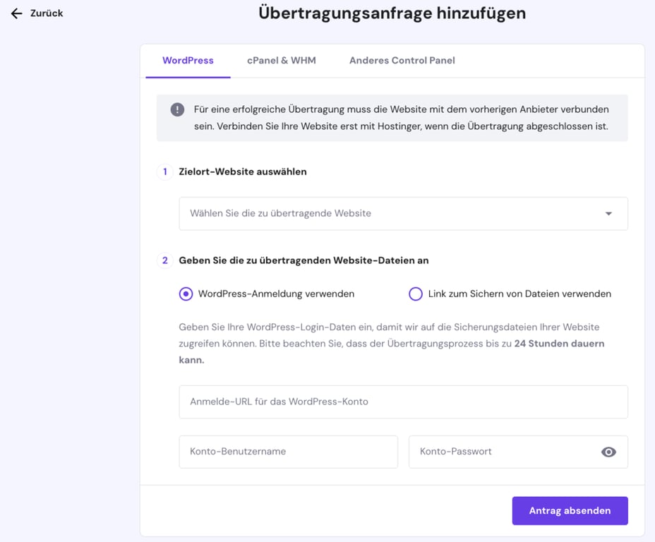 &Uuml;bertragungsanfragen-Formular