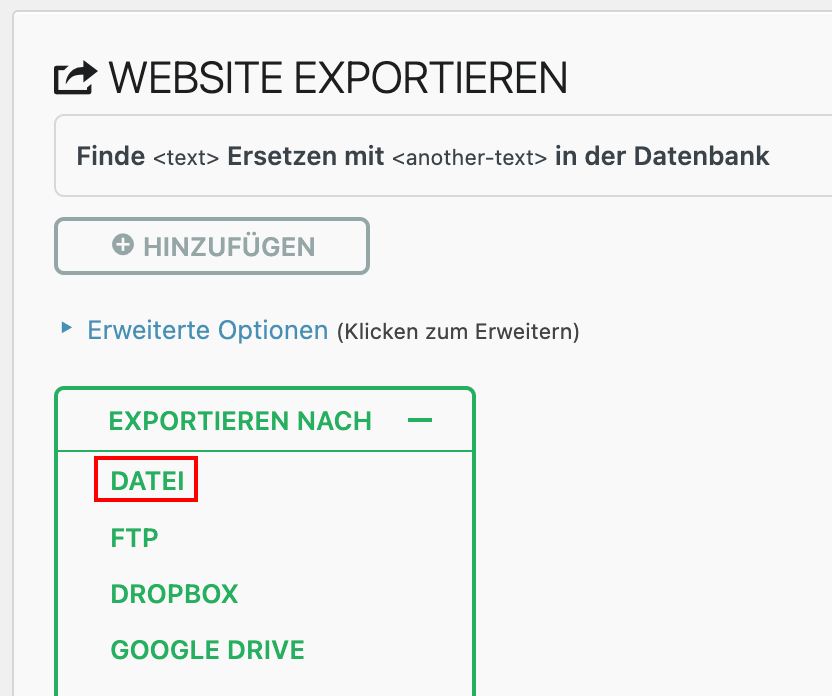Die Exportfunktion des All-in-One WP Migration Plugins hebt die Option Datei hervor