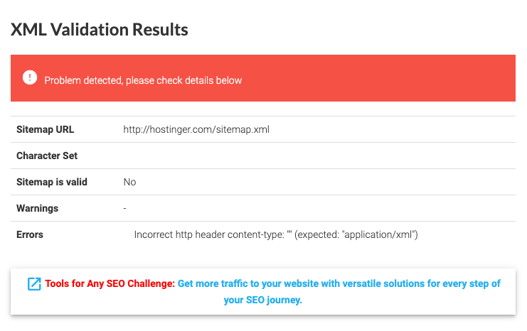 Das Fenster mit den XML-Validierungsergebnissen, das darüber informiert, dass ein Problem festgestellt wurde.