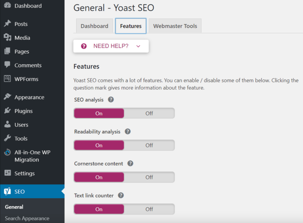 Aktivieren Sie die Registerkarte Funktionen in den allgemeinen Einstellungen von Yoast SEO.