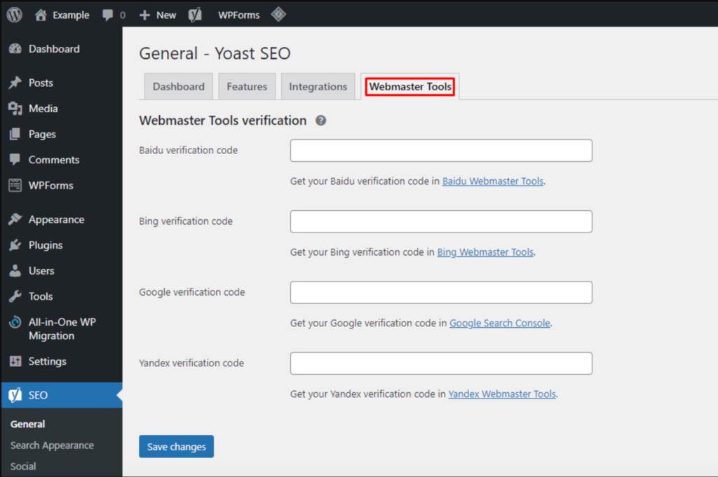 Klicken Sie auf die Registerkarte Webmaster Tools in den allgemeinen Einstellungen des Yoast SEO-Plugins