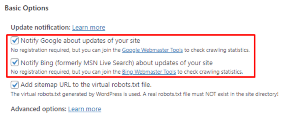 Der Abschnitt Grundlegende Optionen, in dem wir die ersten beiden Kästchen ankreuzen