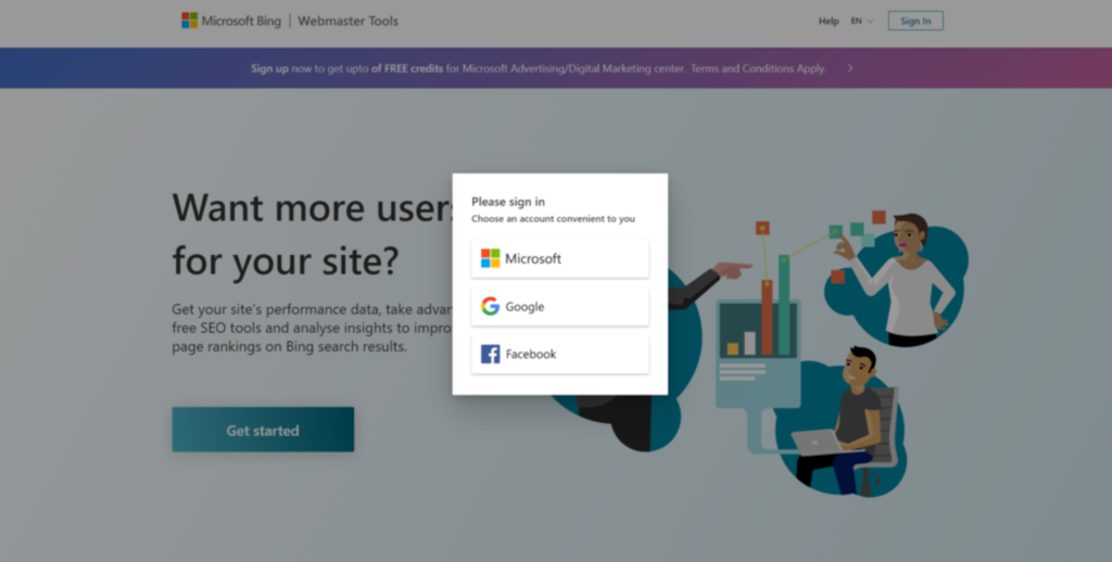 Auswählen eines Kontos für die Anmeldung bei den Bing Webmaster Tools