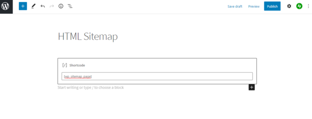 Einfügen des Shortcodes zum Hinzufügen der HTML-Sitemap