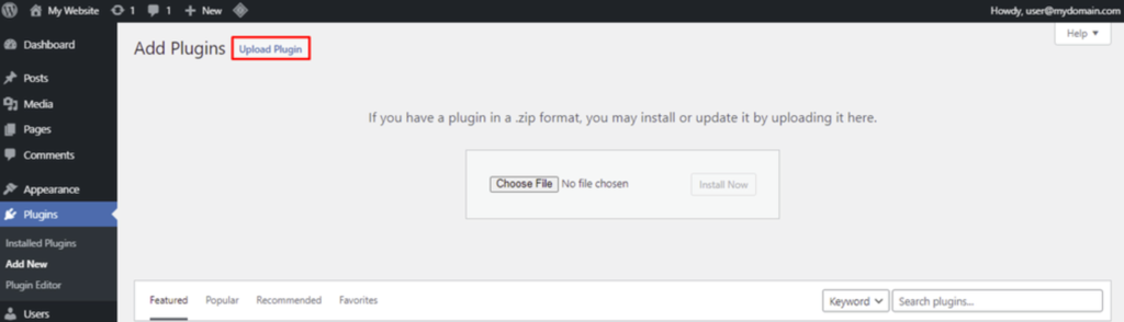 Ein Screenshot aus dem WordPress-Dashboard zeigt, wo Sie Ihr Plugin hochladen können