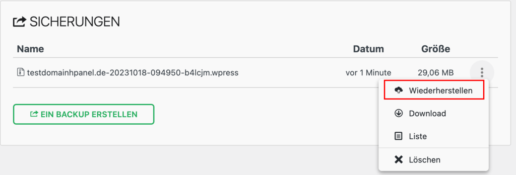 Die Sicherungen-Funktion des All-in-One WP Migration Plugins mit markierter Wiederherstellungsoption