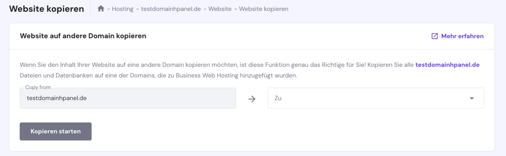 Die Seite Website kopieren in hPanel