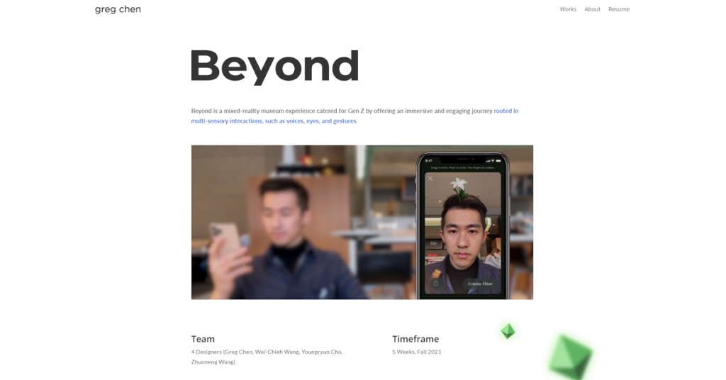 Eine Projektseite in Greg Chens Portfolio mit dem Projektvideo und einer Beschreibung