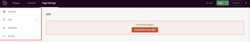 Der SeedProd-Drag-and-Drop-Editor mit den hervorgehobenen Schaltflächen General, SEO, Analytics und Scripts