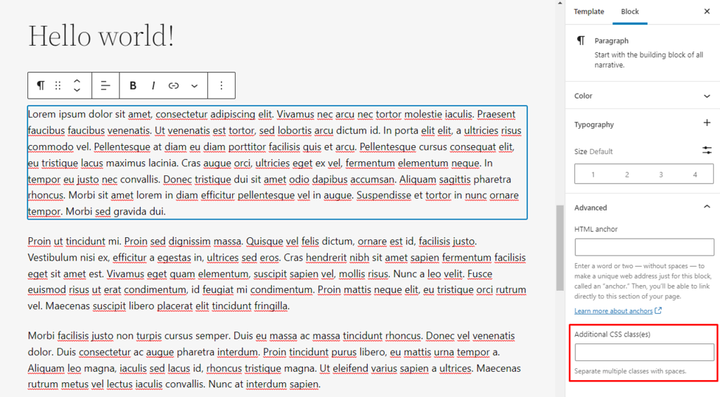 Zus&auml;tzliche CSS-Klassen im unteren rechten Bereich des WordPress-Site-Editors.