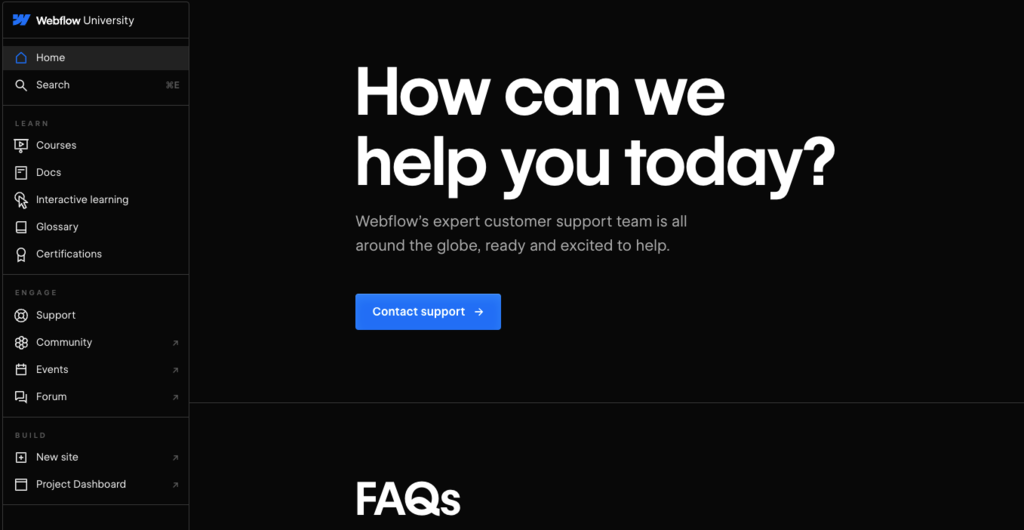 Landing Page für die Webflow University, die Lernplattform des Website-Bauers