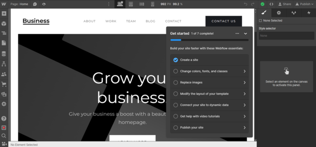 Webflow-Designer-Schnittstelle, über die Benutzer ihre Website erstellen können