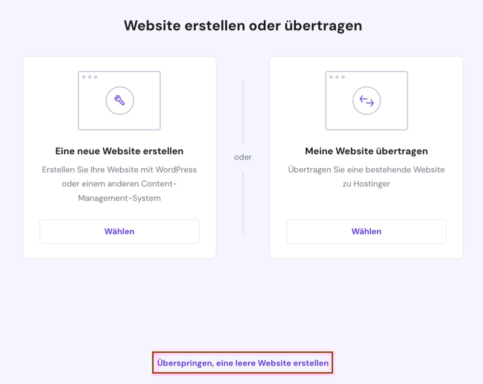 &Uuml;berspringen und leere Website erstellen
