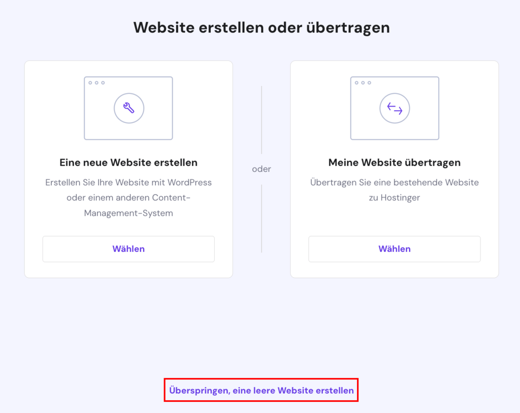Überspringen und leere Website erstellen