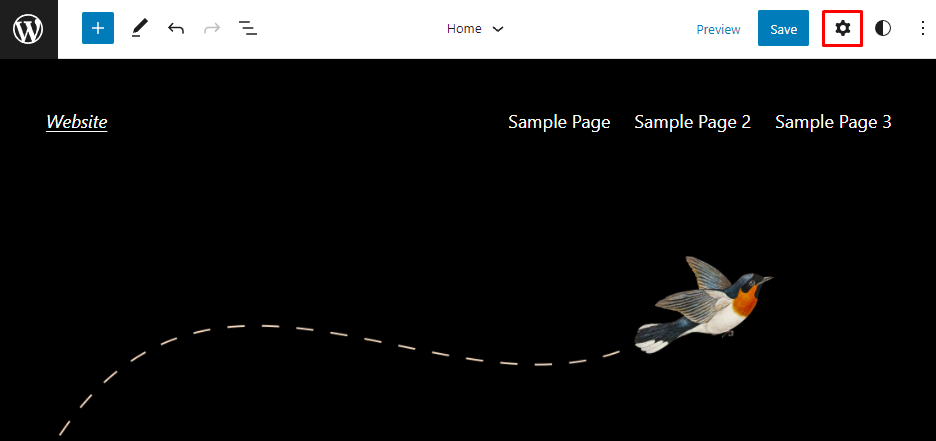 Einstellungen oben rechts im WordPress-Site-Editor.