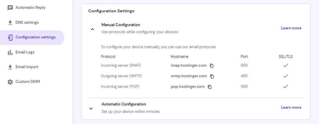 hPanel E-Mail-Konten mit E-Mail-Konfigurationseinstellungen