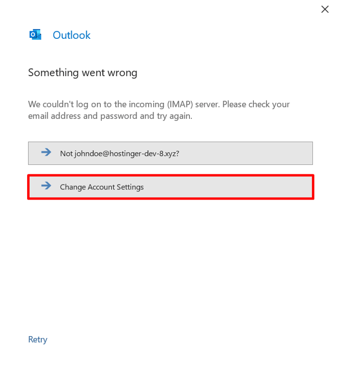 Outlook 2019 Fehlermeldungsseite mit hervorgehobener Option Change Account Settings