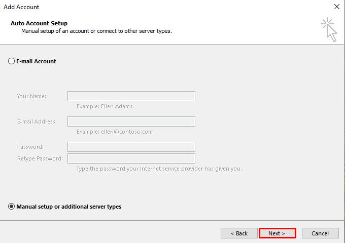 Die Outlook 2016-Seite Konto hinzufügen mit hervorgehobener Schaltfläche Next