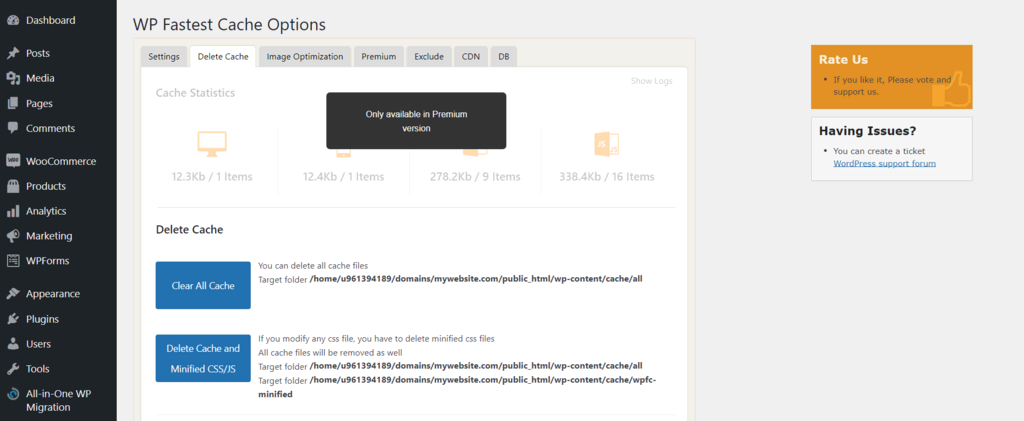 WP Fastest Cache Einstellungen