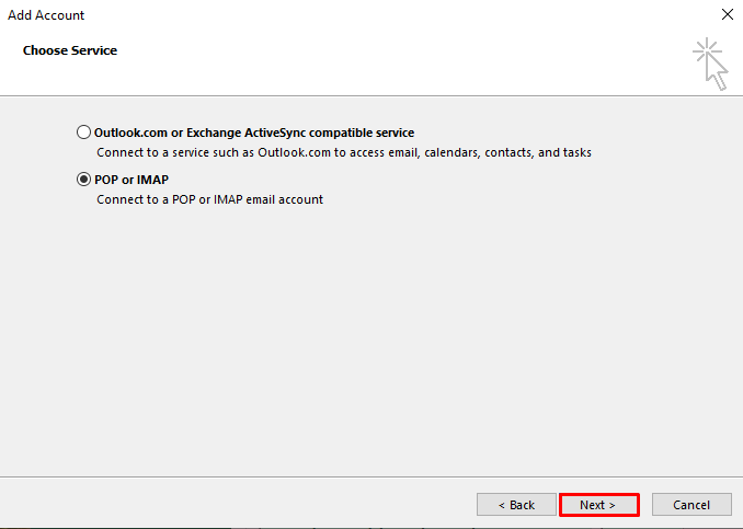 Der Bildschirm Dienst auswählen von Outlook 2016 mit hervorgehobener Schaltfläche Next