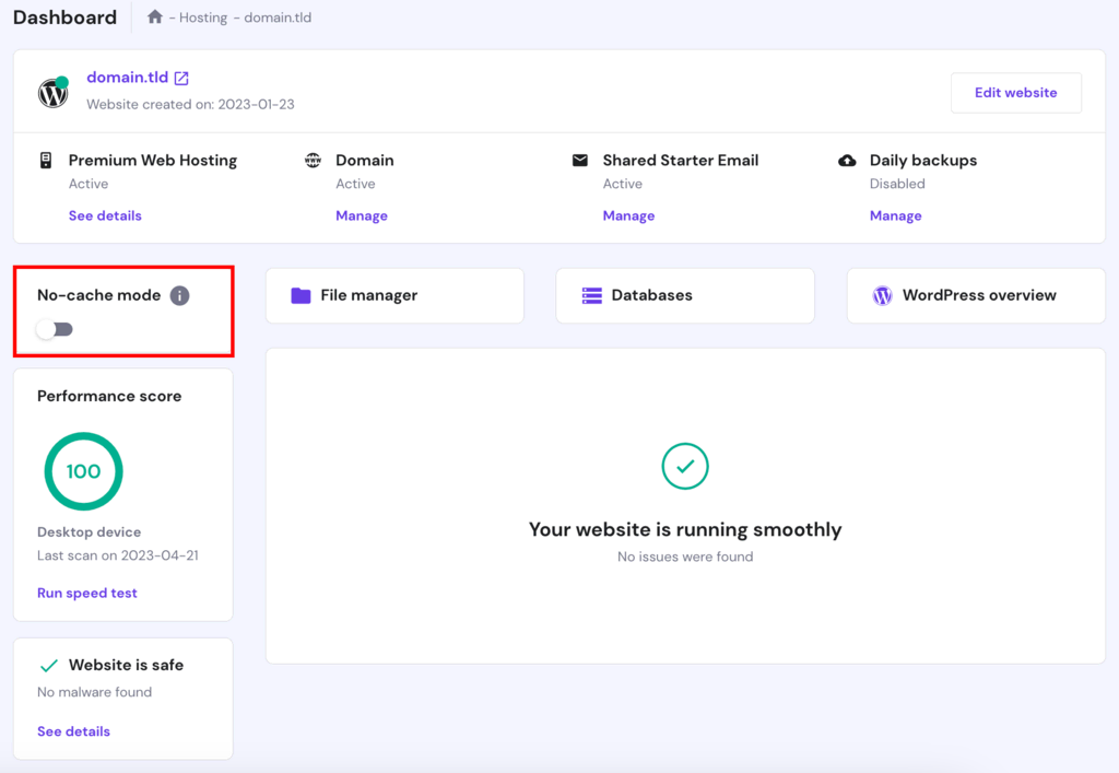 No-Cache-Modus aktivieren in hPanel