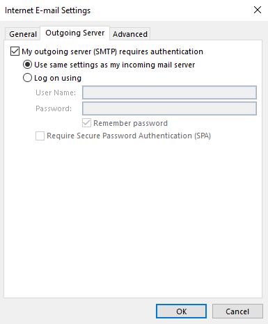 Das Fenster Internet-E-Mail-Einstellungen zeigt die Konfiguration ders Tabs Outgoing Server