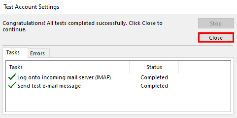 Das Fenster Testkonto-Einstellungen mit markierter Schaltfläche Close