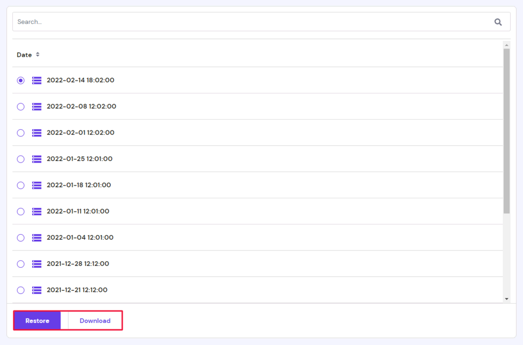 Die Schaltfl&auml;chen Wiederherstellen und Herunterladen im Bereich Datenbank-Backups von hPanel