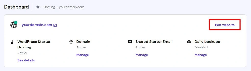 Die Schaltfläche „Website bearbeiten” für WordPress im hPanel