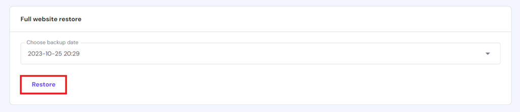 Der Button Wiederherstellen im Abschnitt Website wiederherstellen