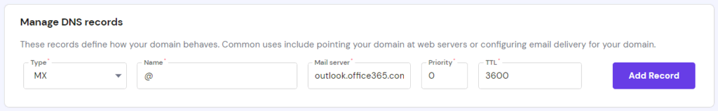 Der Abschnitt DNS-Einträge verwalten im hPanel zeigt die MX-Eintragswerte an