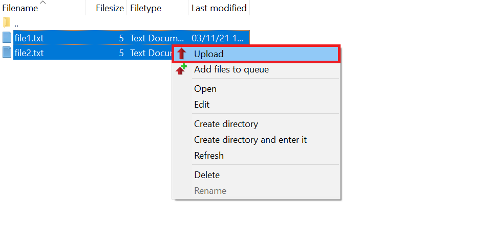 Die Upload-Option auf der lokalen Seite von FileZilla