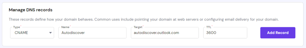Der Abschnitt DNS-Einträge verwalten im hPanel zeigt die Werte der CNAME-Einträge
