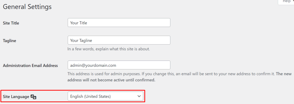 Der Abschnitt „Allgemeine Einstellungen” im WordPress-Dashboard mit der rot hervorgehobenen Seiten-Sprache