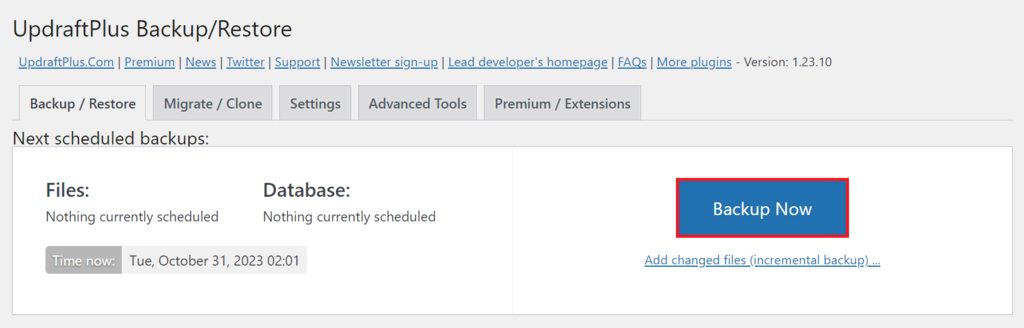 Die Schaltfl&auml;che Jetzt sichern auf der Registerkarte Sichern/Wiederherstellen von UpdraftPlus