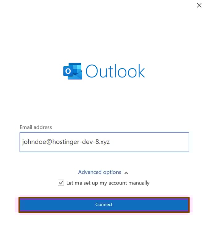 Einrichtungsfenster von Outlook 2019 mit Hervorhebung der Schaltfläche Connect