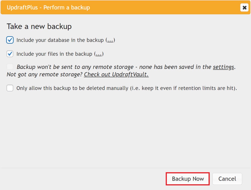 Die Schaltfl&auml;che Jetzt sichern des Popup-Fensters von UpdraftPlus - Backup durchf&uuml;hren