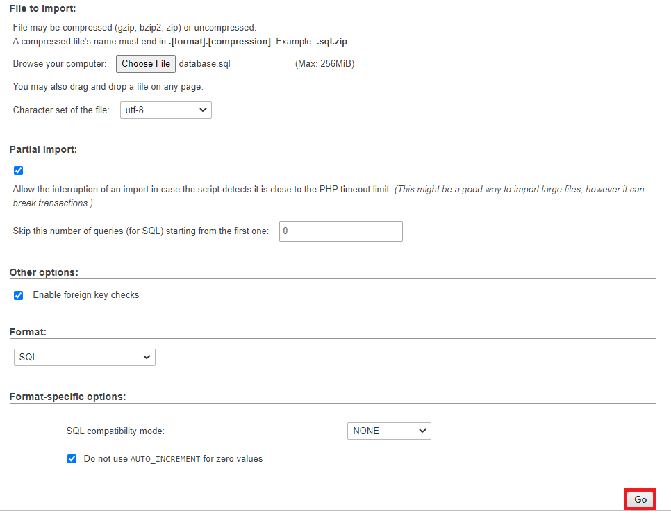 Der Go-Button im Import-Tab von phpMyAdmin