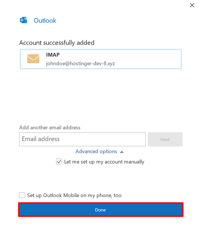 Outlook 2019-Einrichtungsfenster mit hervorgehobener Schaltfläche Done