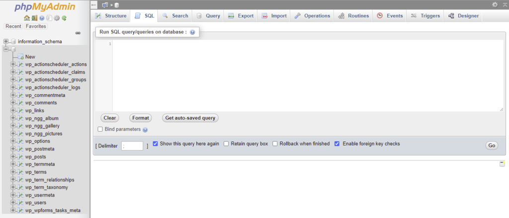 Zugriff auf den Tab SQL in phpMyAdmin.