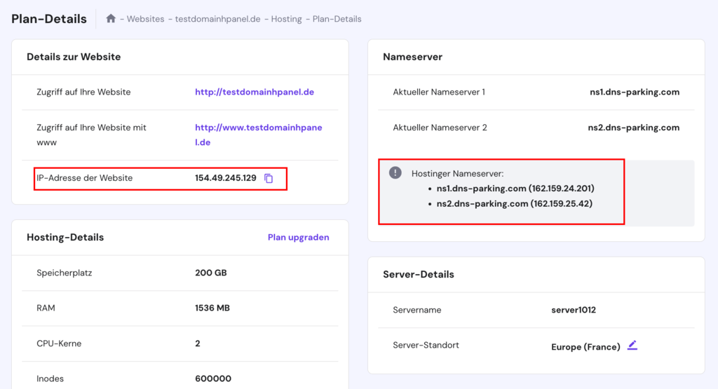 IP-Adresse und Nameserver im hPanel Dashboard