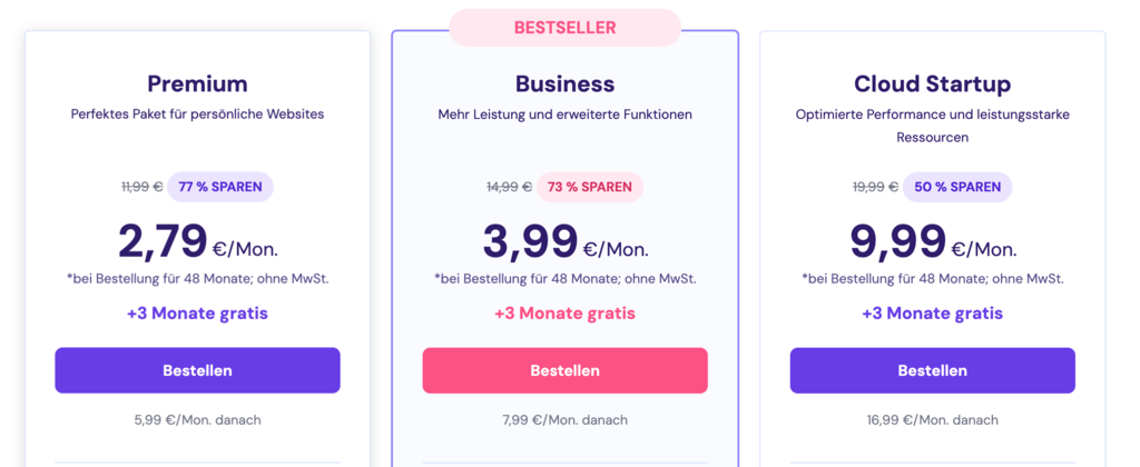 Webhosting Preistabelle